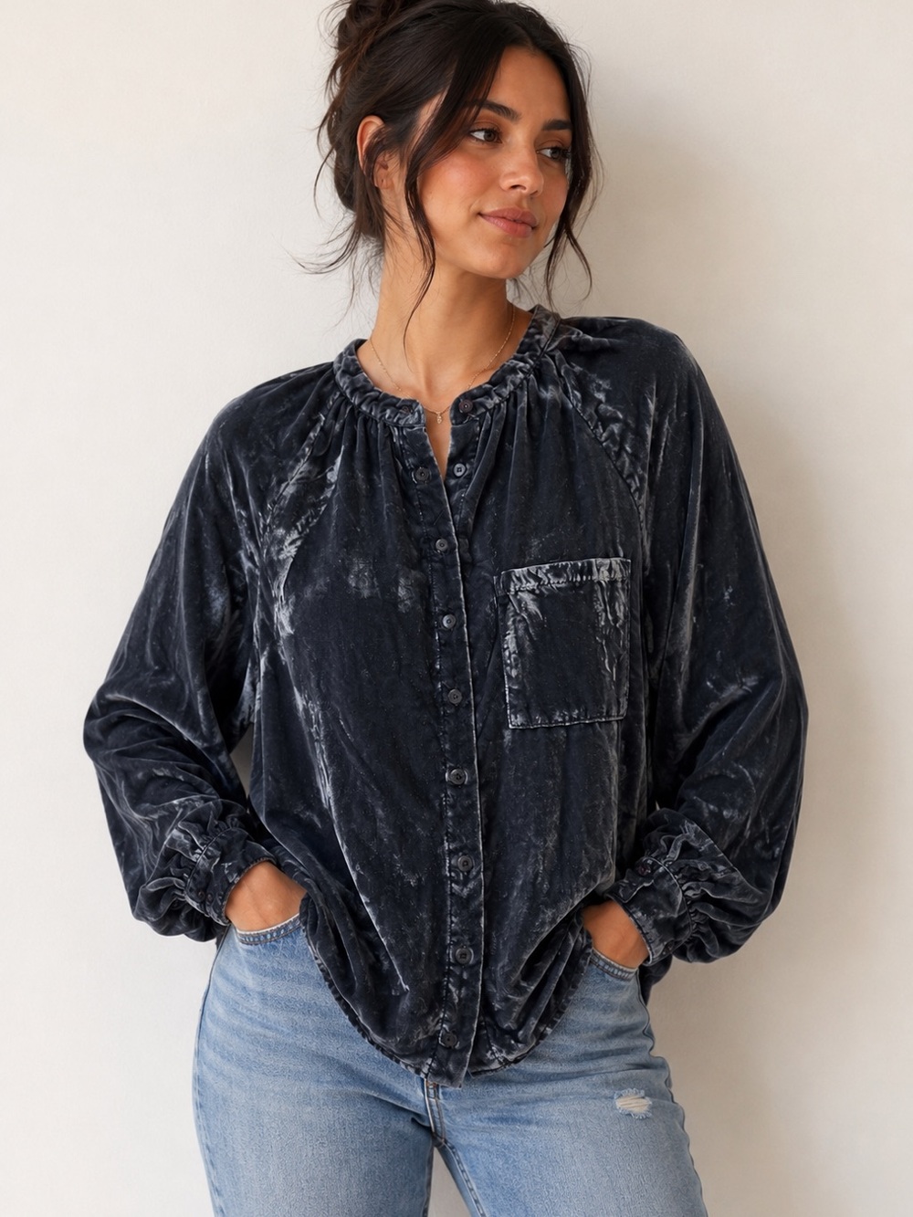 Pilcro Washed Black Velvet Button-Up Blouse